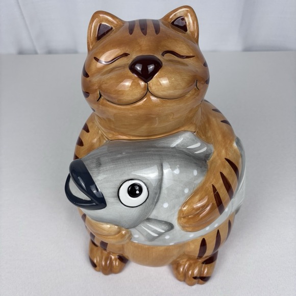 Vintage 1990s Heathcliff Orange Tabby Cat CKAO Cookie Jar – 10" with Big Fish - Picture 1 of 6